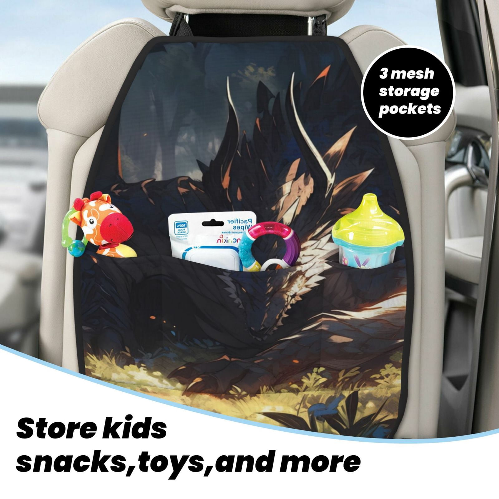 Kdxio Sleeping Dragon In Forest Print 2 Pack Car Kick Mat Seat Cover Back Protector Mat with Pockets for Organizer Backseat Protector and Storage Anti Kick Pad for Vehicles