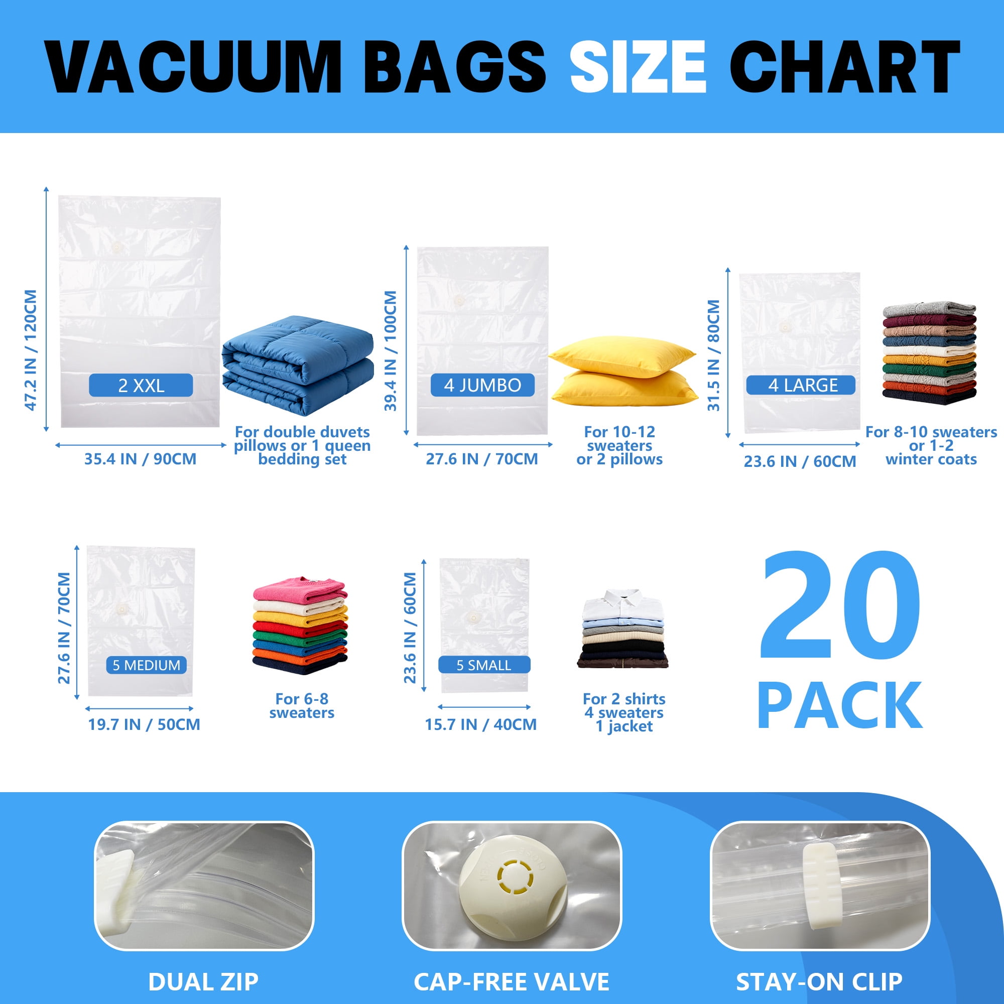 20 Pack Vacuum Storage Bags Space Saver Bags (2 XXL/4 Jumbo/4 Large/5 Medium/5 Small) Compression for Comforters and Blankets Sealer Clothes Storage
