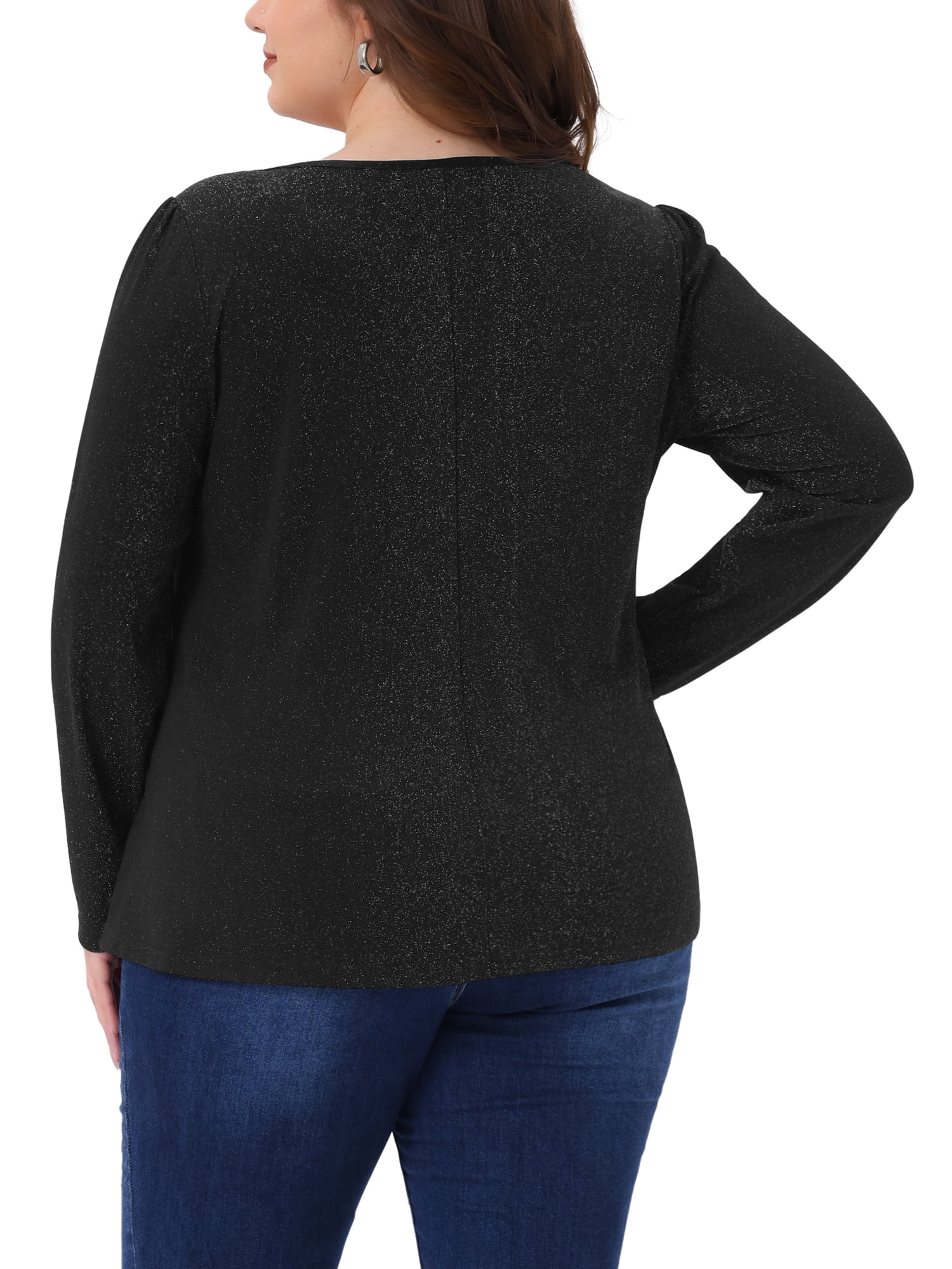 DARING DIVA Women's Plus Sparkly Glitter Square Neck Long Sleeve Top 4X Black