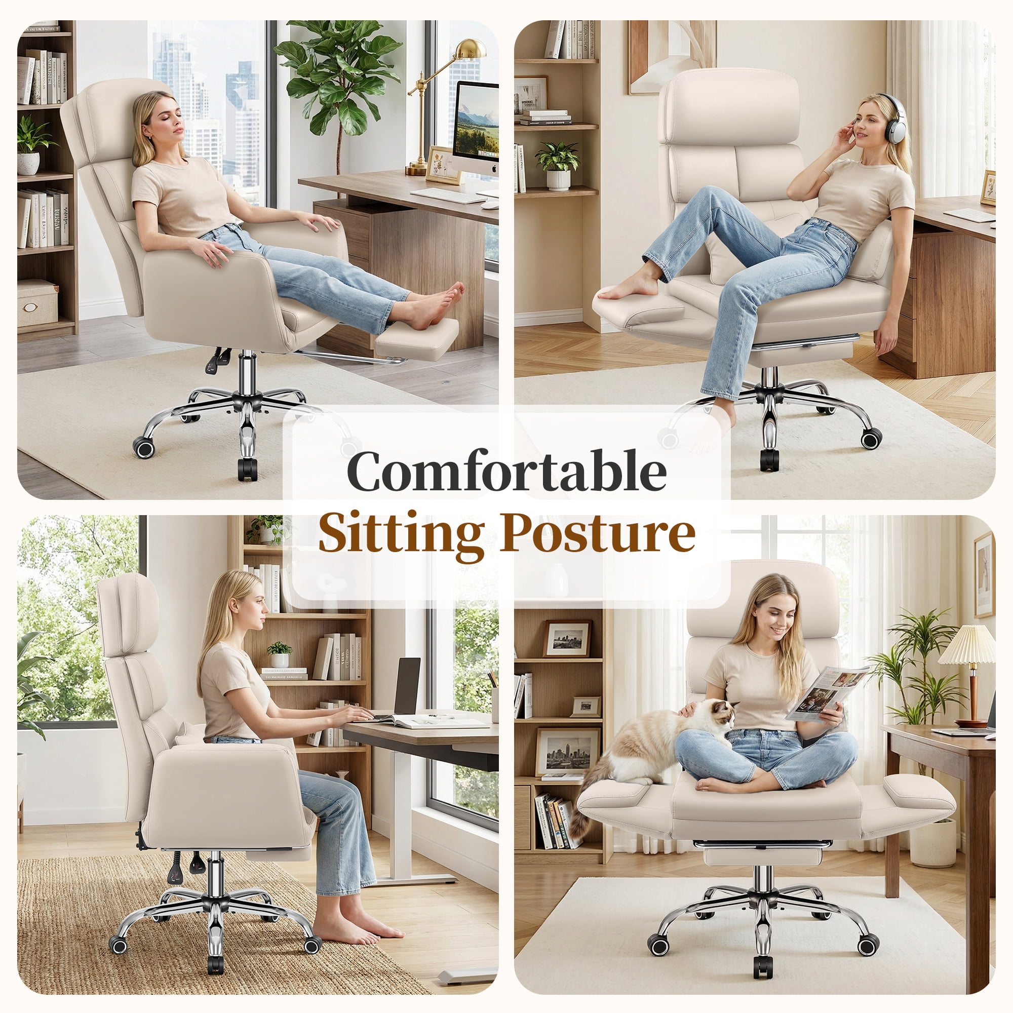 COOLHUT Big and Tall Office Chair 500LBS, Wide Seat Executive Office Desk Chair with Adjuatable Armrests and Headrest, PU Leather Hight Back Computer Chair with Footrest and Lumbar Suppor, Beige