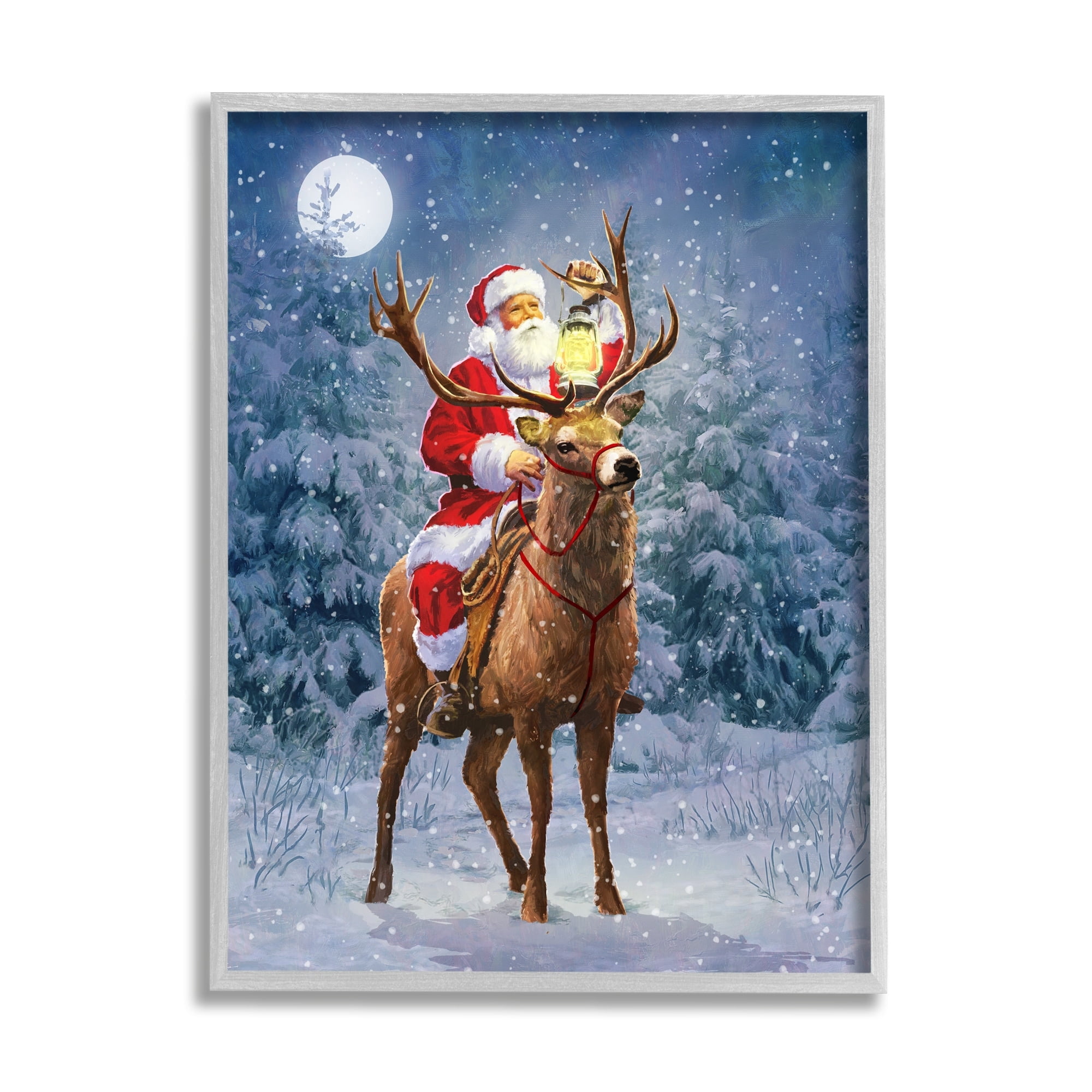 Stupell Industries Santa Riding Reindeer Landscape Holiday Painting Gray Framed Art Print Wall Art
