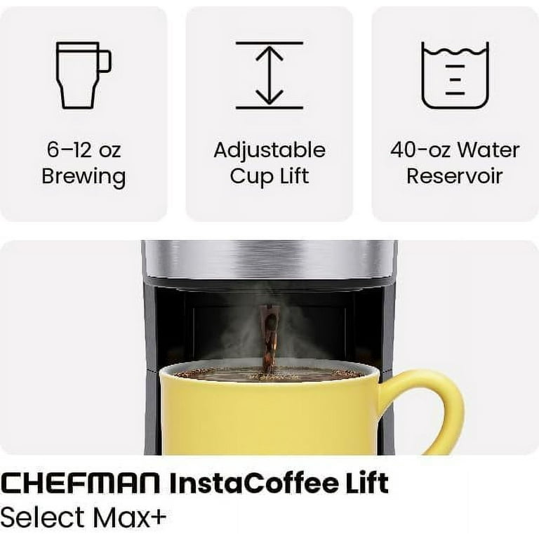 Chefman Insta-Coffee Max Single Serve Coffee Maker w/ Cup Lift, K-Cups or  Grounds, Black