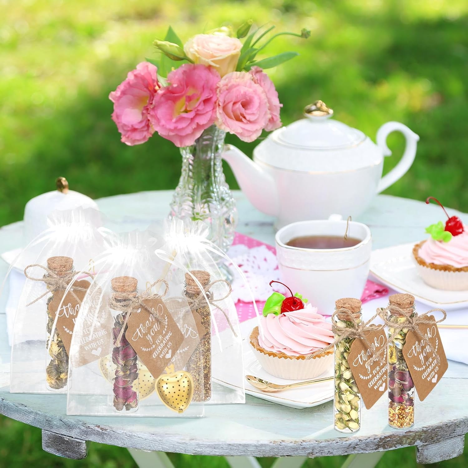 49Pcs Tea Party Favors Set with 12 Gold Heart Tea Infusers Glass 12 Bottles 12 Gift Tags 12 Organza Bags 1 Rope, Bulk Wedding Bridal Shower Guest Gifts DIY Tea Gift Set Party Decorations