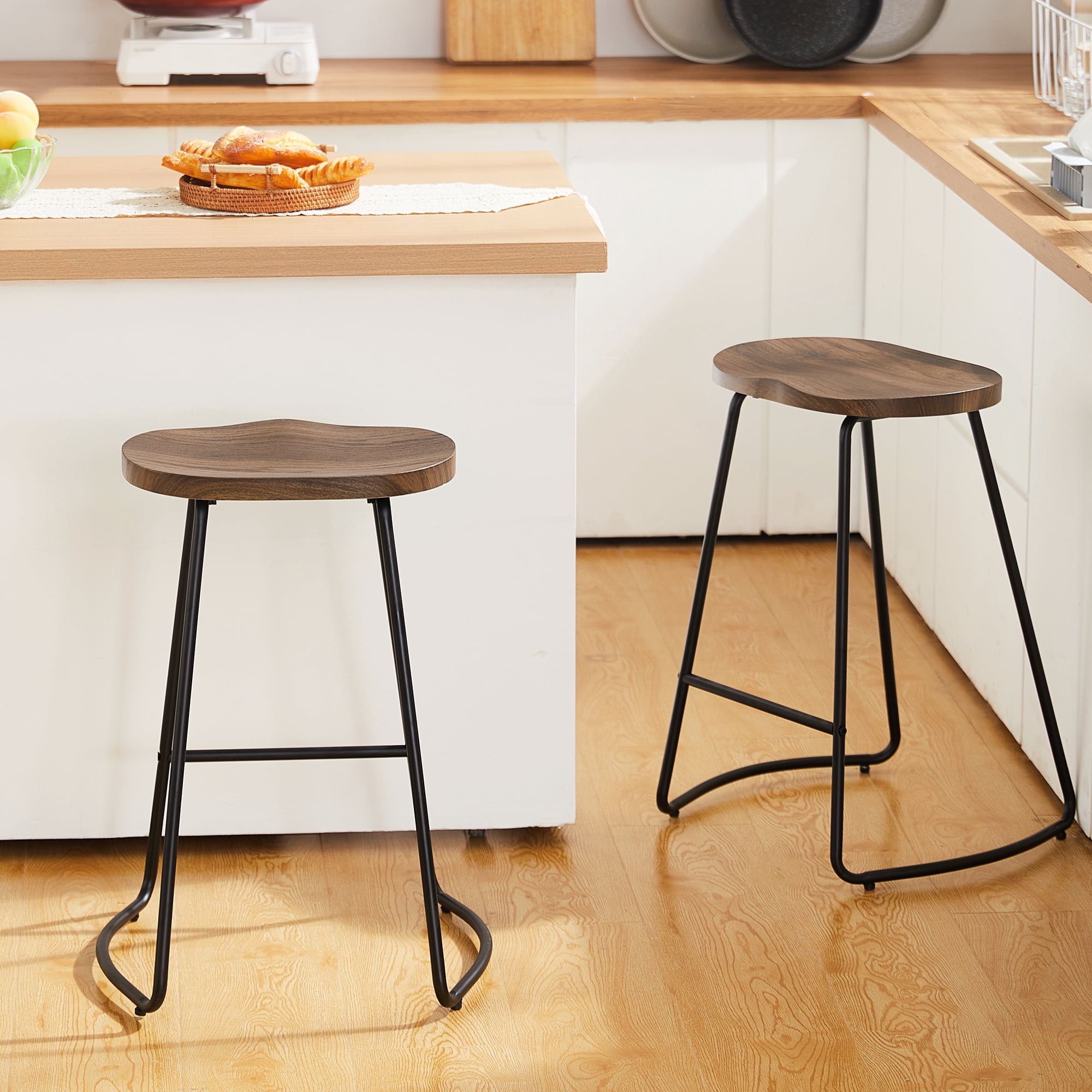 FIRAVOE Counter Height Bar Stools (Saddle Seat Backless) Barstools Set of 2, 26" Rustic Wooden Counter Stools Kitchen Stools