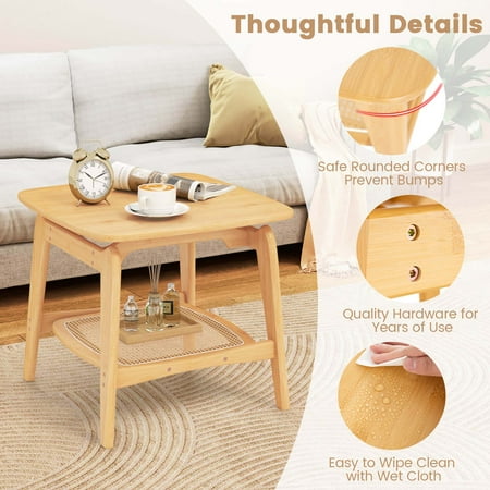 Costway 1 PCS Bamboo Sofa Side Table with Faux Rattan Storage Shelf Boho End Table Living Room - Natural