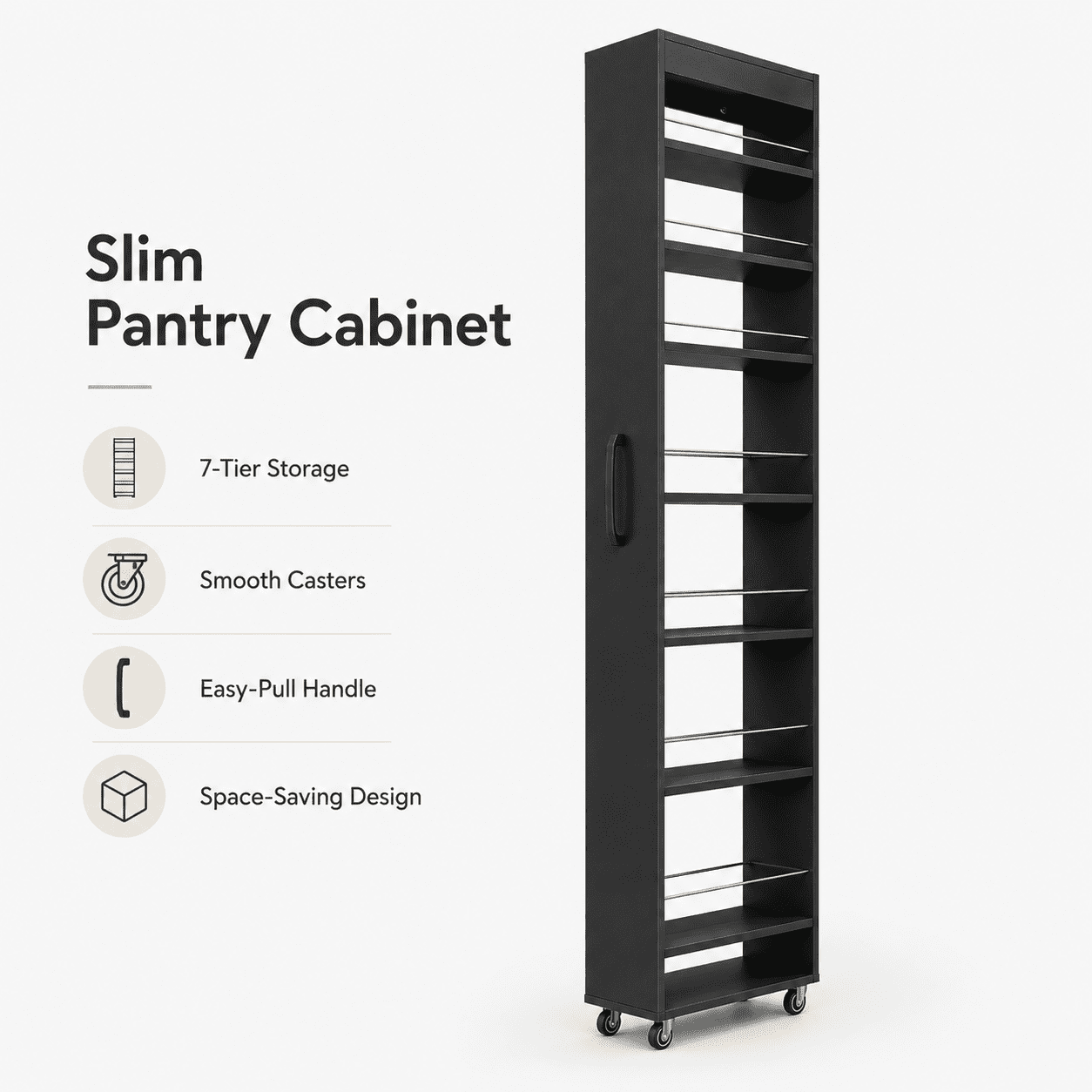 Aukfa 7-Tier Slim Rolling Pantry Cabinet, 70.7" Narrow Pull-Out Kitchen Storage Cart with Handle and Casters,Black