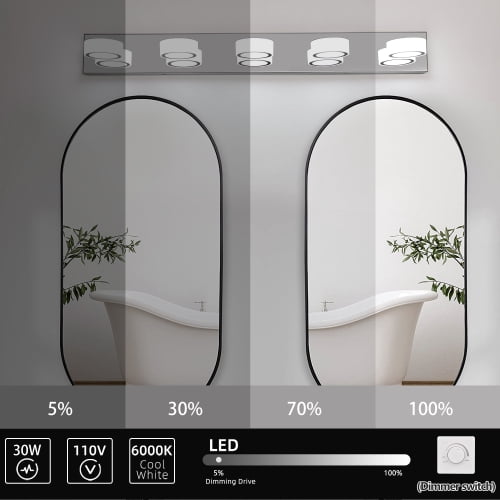 Hi-LIGHTS,Modern 5-Light Rotatable & Dimmable LED Vanity Light Fixture with Acrylic Shades,Energy-Efficient Bathroom Wall Sconce for Bathroom,Dressing Room,Mirror Cabinet,Living Room(Chrome）