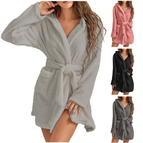 Sakmal Plus Size Womens Robes with Hood Short Plush Fleece Kimono Sleepwear for Women Warm Black Ladies Robe with Pockets