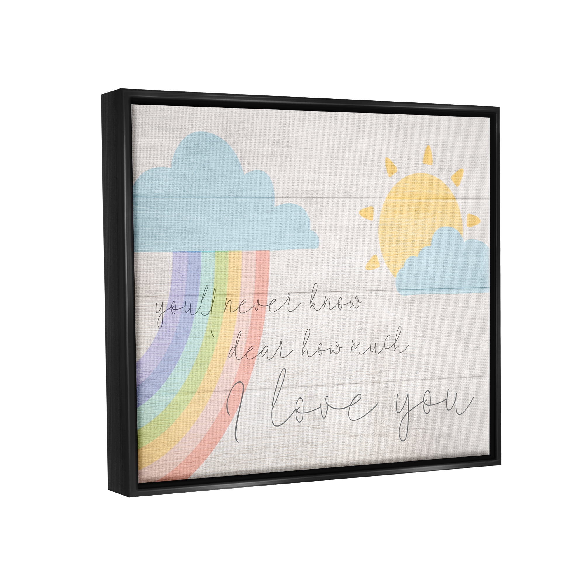 Stupell Industries How Much I Love You Rainbow Clouds and Sun on Planks Jet Black Framed Floating Canvas Wall Art, 24x30, by Daphne Polselli