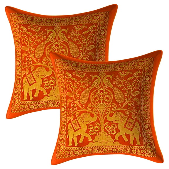 Stylo Culture Indian Decorative Sofa Brocade Orange And Gold Throw Pillow Covers 12x12 Jacquard Weave Banarasi Holiday Pillow Covers Elephant Peacock 30x30 cm Cushion Covers (Set Of 2)