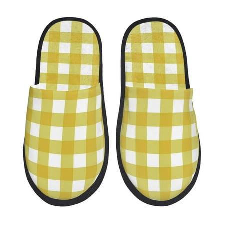 Balery Yellow Checkboard Slient Indoor Furry Fleece Comfort House Shoes Soft Non-Slip Home Shoes Cotton slippers House Slippers-- Large