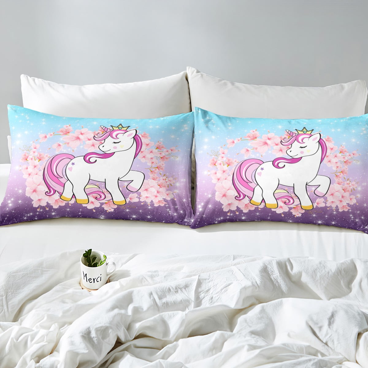 Yst Unicorn Duvet Cover Full Kids Unicorn Floral Bedding Set For Girls Boys Children Bedroom Decor Cherry Blossoms Glitter Quilt Cover Galaxy Kawaii