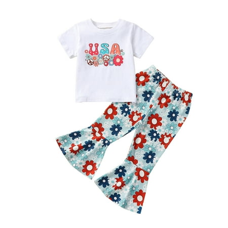 

Baby Girls Pants Set Short Sleeve Crew Neck Letters Print T-shirt with Flower Print Flare Pants