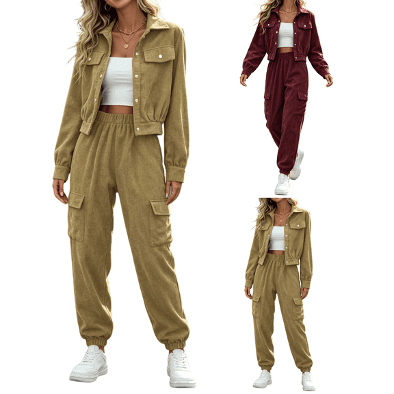 XUNKUSGA Matching Sets Women Clothing Vintage Corduroy Button Down Cropped Jacket and Elastic Waist Cargo Jogger Pants 2 Piece Sets for Women Fashion Fall Winter Outfits Khaki S