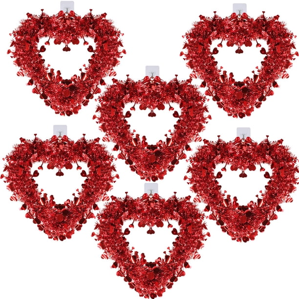 Coronas de corazón de San Valentín, paquete de 6, oropel rojo en forma de corazón