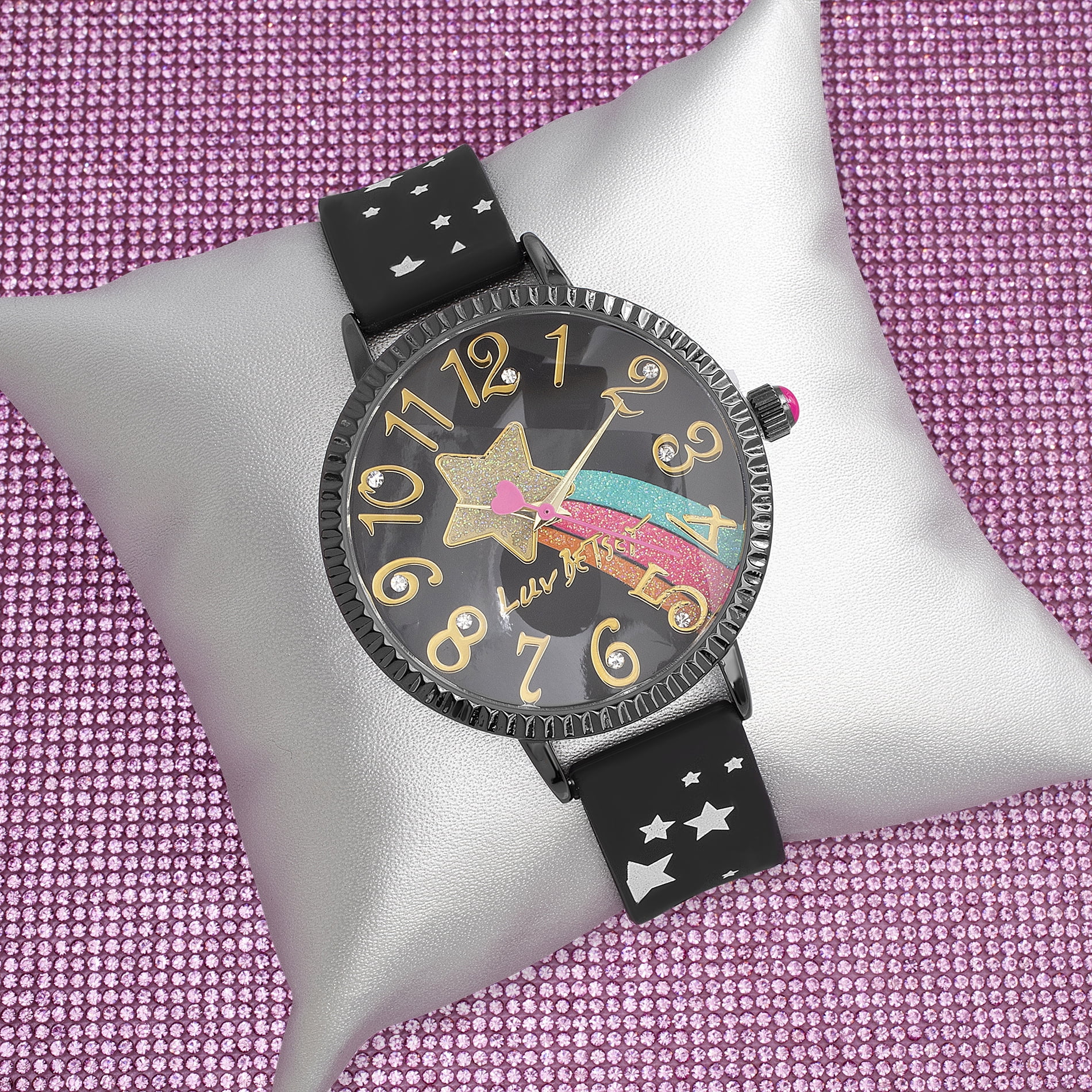 Luv Betsey Women's Black Dial with Multicolor Glitter on Black Case and Silicone Strap Watch