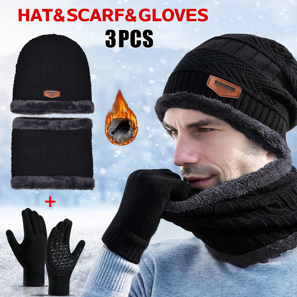 3Piece Set Winter Mens Knit Beanie Hat Scarf Touch Screen Ski Gloves Warm Red US 
