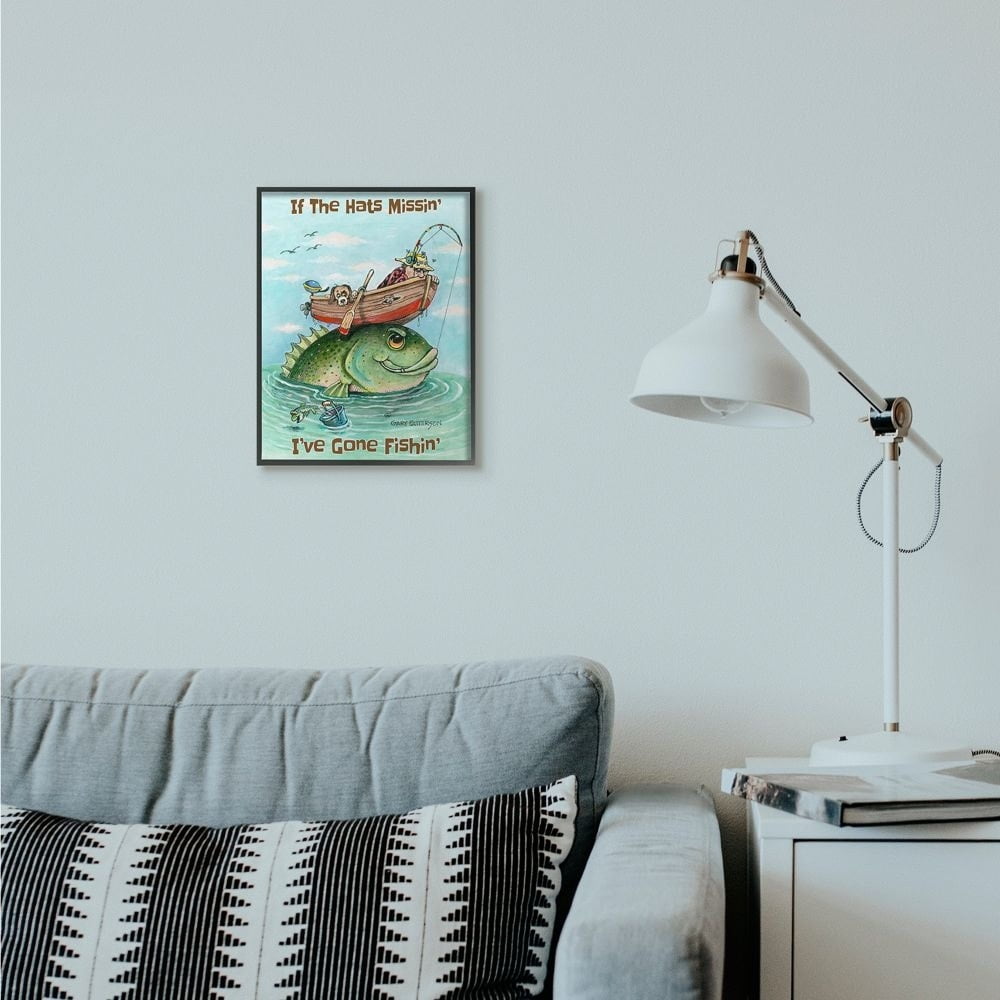 Stupell Industries Hats Missing Gone Fishing Funny Sports Cartoon Design Framed Wall Art by Gary Patterson