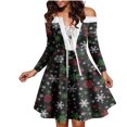 thumbnail image 4 of Robes à Épaules Dénudées pour Femmes à Manches Longues Robe de Noël Imprimée à Lacets Ligne A Évasée Cocktail Vacances Robe Courte, 4 of 5