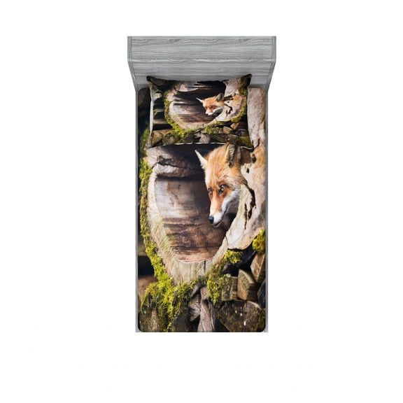Ambesonne Animal Fitted Sheet & Pillow Sham Set, Nature Wild Fox Forest, Twinxl, Multicolor