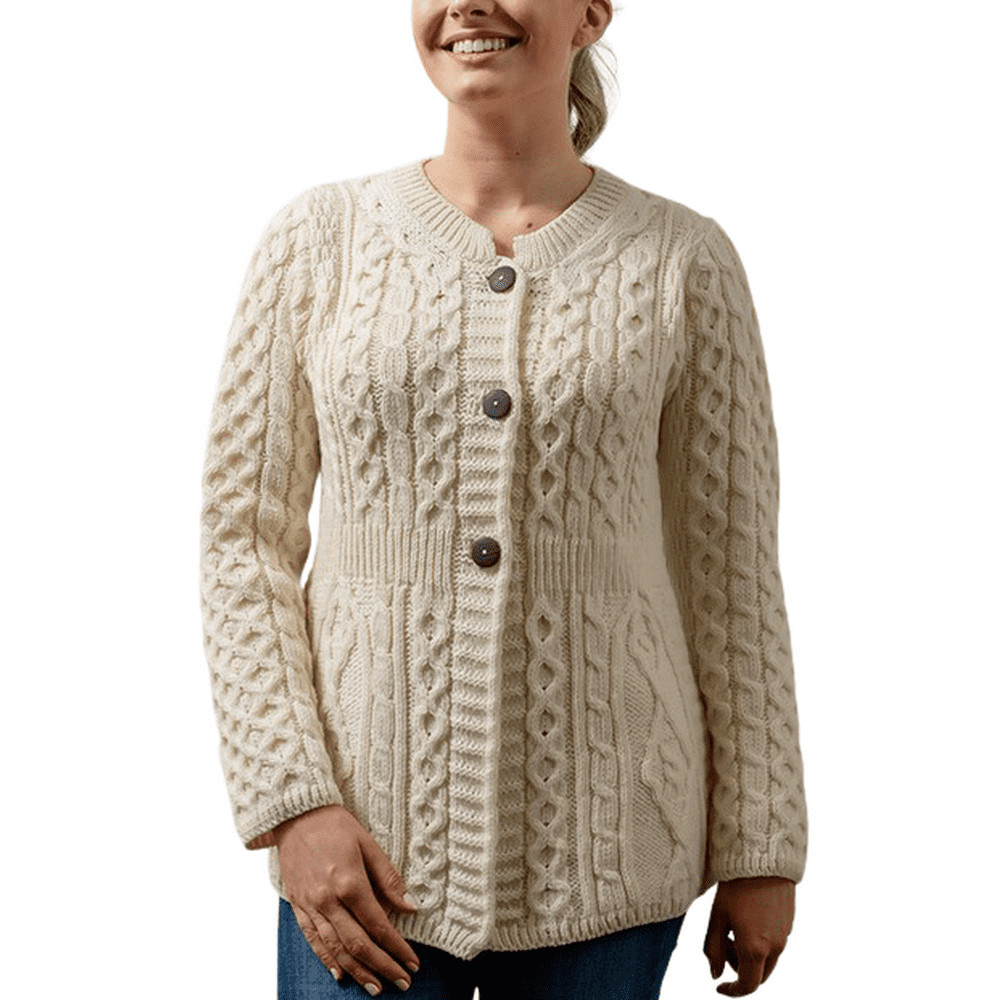 Aran 100 Irish Merino Wool Buttoned Cardigan Sweater For Women Chunky Cable Knitted Crew Neck