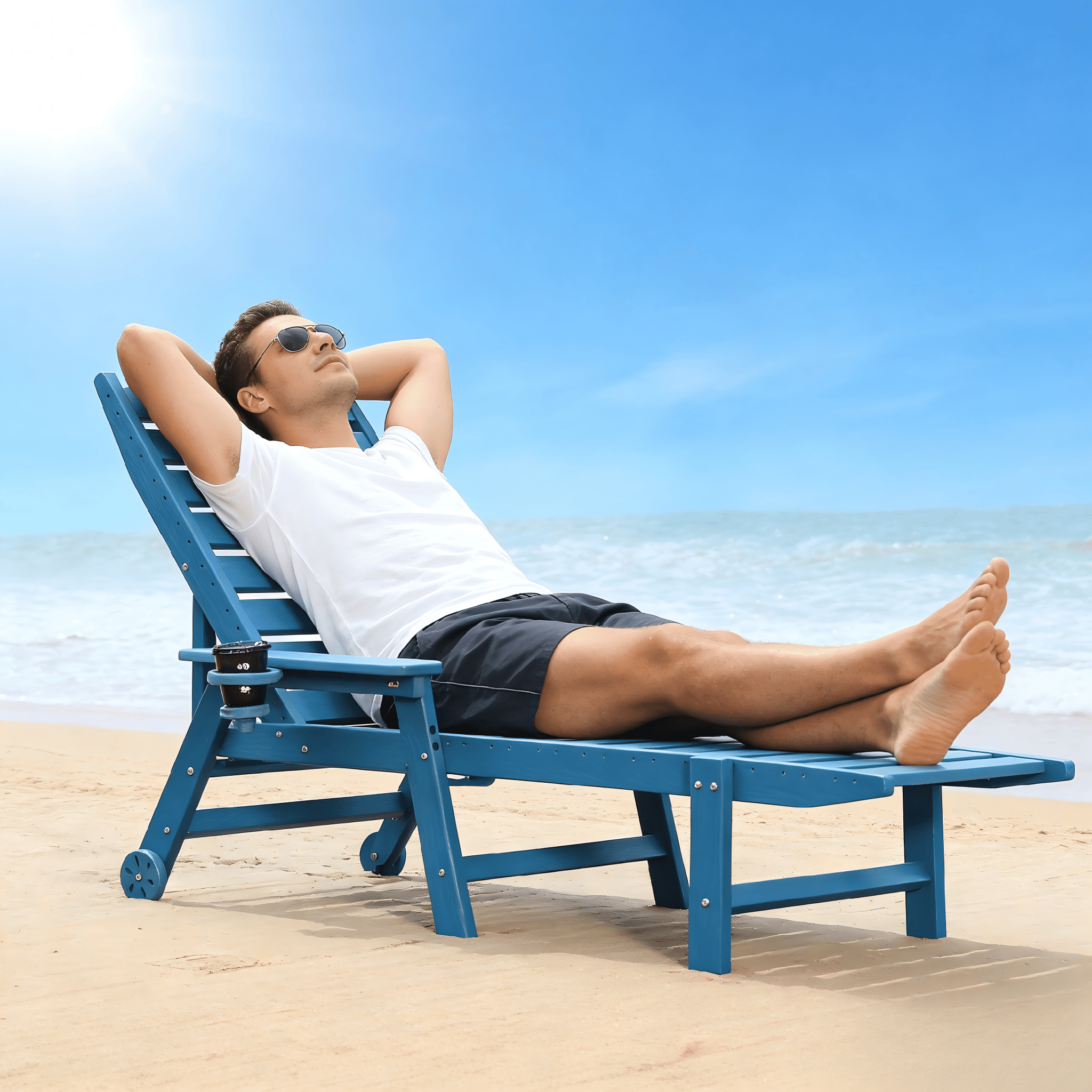 Outdoor Chaise Lounge, 4 Position Adjustable Recliner for Poolside Garden Patio Backyard, Navy Blue