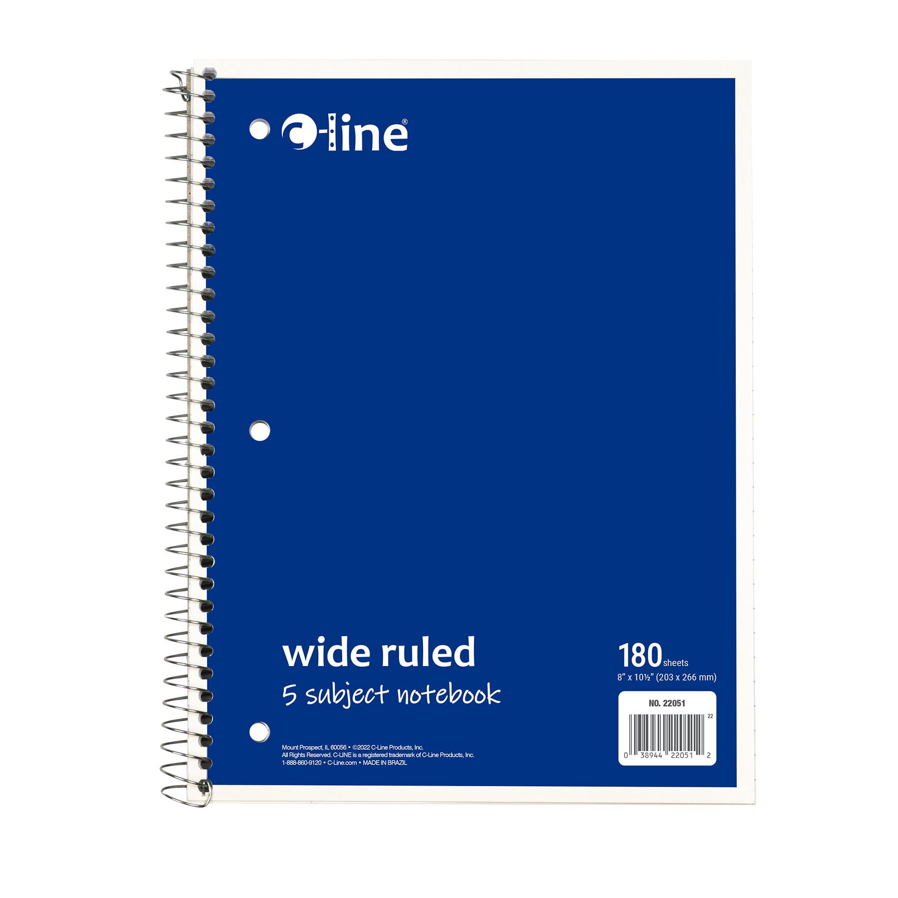 C-Line 5-Subject Notebook, Wide Ruled, 180 Sheets, Assorted Colors, Pack of 3