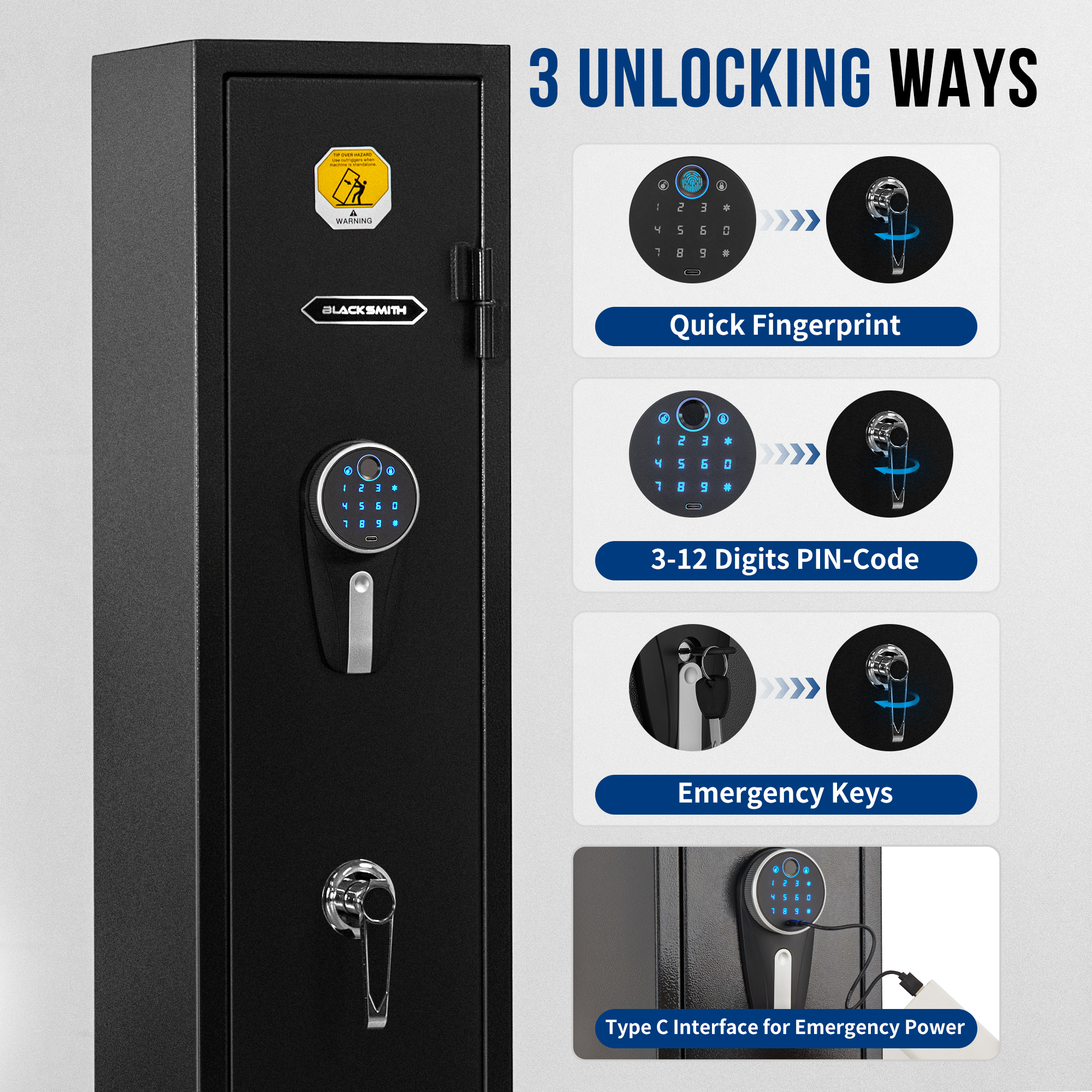 BlackSmith Gun Safe Biometric Fingerprint Gun Safe for 3 Rifles and Shotguns Gun Cabinet Rifle Safe with Digital Keypad Key Unlock Narrow Slender Rifle Cabinet for Tight Space
