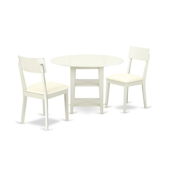 East West Furniture Sudbury 3-piece Dining Set with Leather Seat in Linen White