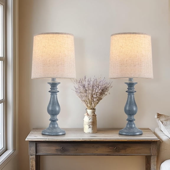 Lamps Set of 2 Rustic Table Lamps Bedside Reading Lamp Bedroom Nightstand Living Room Teapoy Lamp, Desk Light, 22 Inch High, Navy Blue, with Fabric Shade, Bulb Not Included,Blue