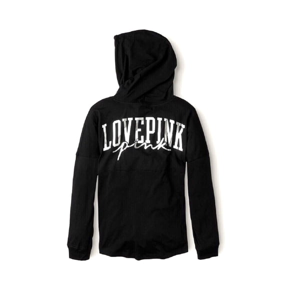 Victoria's Secret Pink Varsity Long Sleeve Pullover Hooded Tee Pure Black Silver Logo Size Medium NWT