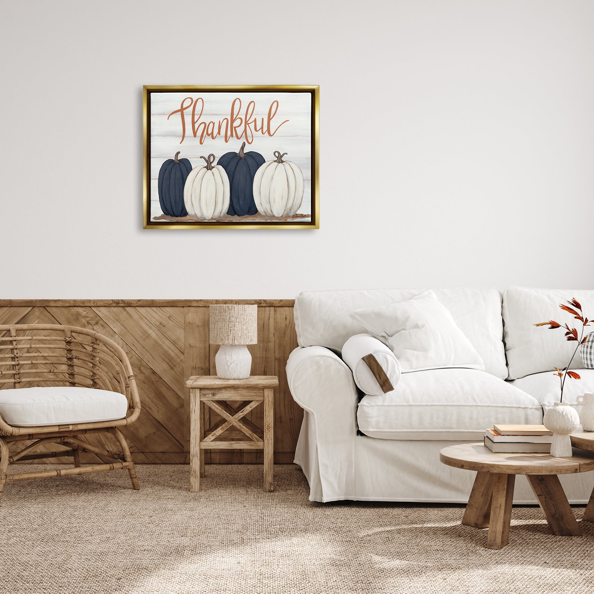 Stupell Industries Autumn Farm Pumpkin Harvest with Thankful Phrase Metallic Gold Framed Floating Canvas Wall Art, 24x30, by Sarah Baker