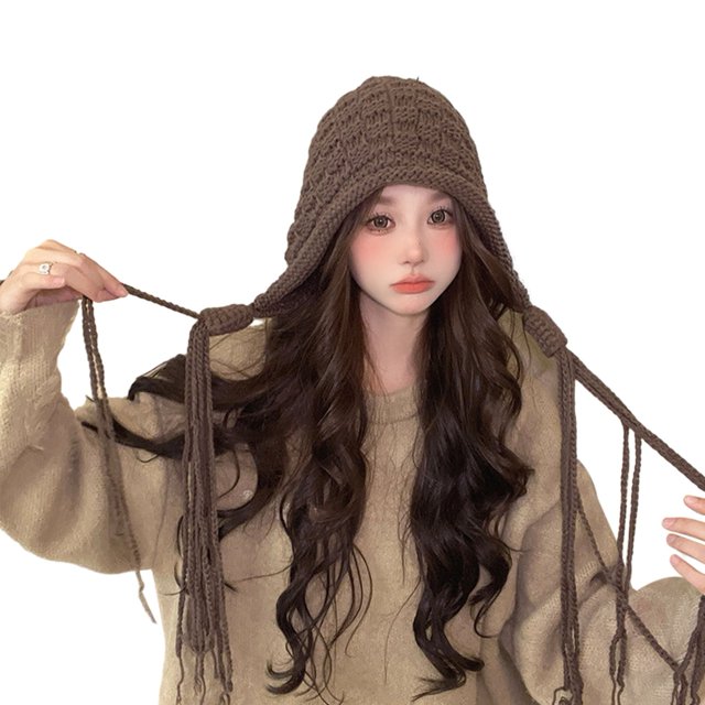CSChome Knitted Hat Women Winter Hat Long Tassel Thickened Knitted Elastic Slip Soft Ear Protection Solid Color Breathable Windproof Decorative