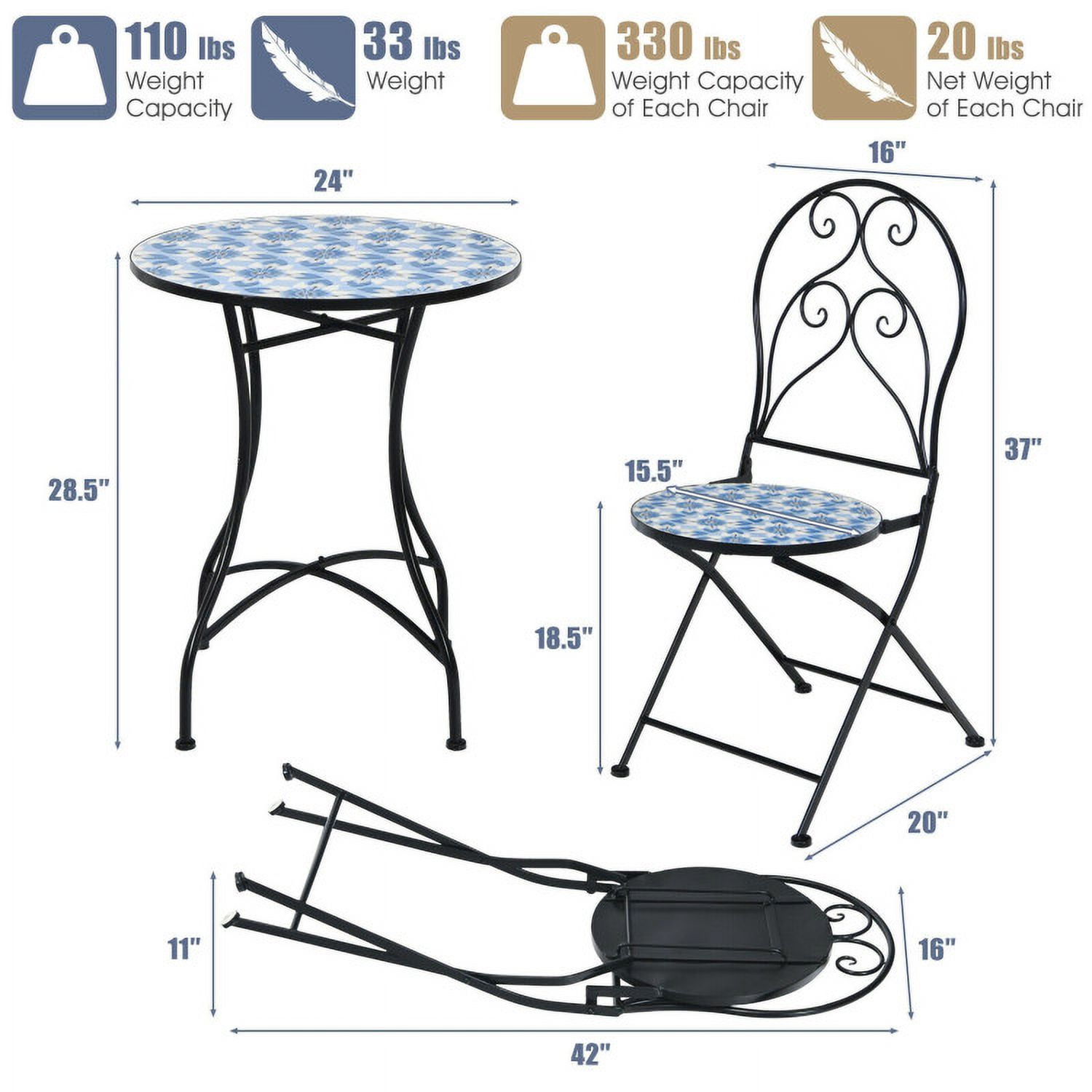 Aimee Lii 3 Pieces Patio Bistro Set with Folding Chairs and Round Table, Patio Conversation Sets, Blue