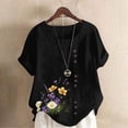 thumbnail image 2 of Pisexur Hauts en Coton et Lin Grande Taille pour Femmes, Décontractés, Été, Boho, Mode, Coupe Ample, Col Rond, Manches Courtes, T-Shirts Floraux pour Femmes P-5TG Noir, 2 of 4