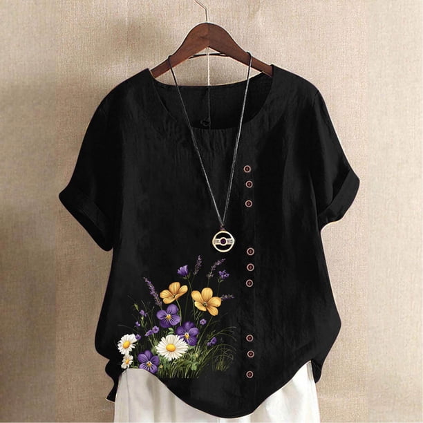 TaTaai Casual Printed Button Blouse, Women's Short Sleeve Linen Feel T-Shirt, Comfortable Top for All Seasons Gift