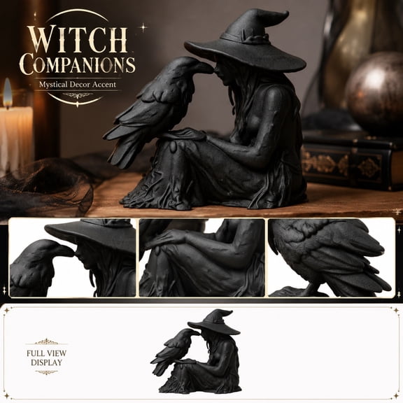 Halloween Decor Outdoor, Witch Halloween Decor, Witch Decorations, Gothic Decor, 3.5X3 Inch 3D Printed Sitting Black Witch with Perched Crow Statue for Mantel, Kitchen Counter,