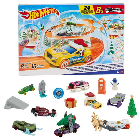Hot Wheels Advent Calendar 2024, 8 Hot Wheels Toy Cars and 16 Accessories (24 Total Components)