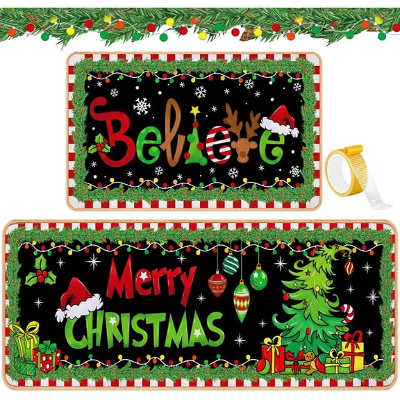 Set of 2 Christmas Kitchen Rugs and Mats Lime Green Black Christmas Kitchen Decor Farmhouse Doormats Non Slip Floor Rugs Waterproof Xmas Mats Home Bathroom Decoration 17x29 and 17x47 Inch