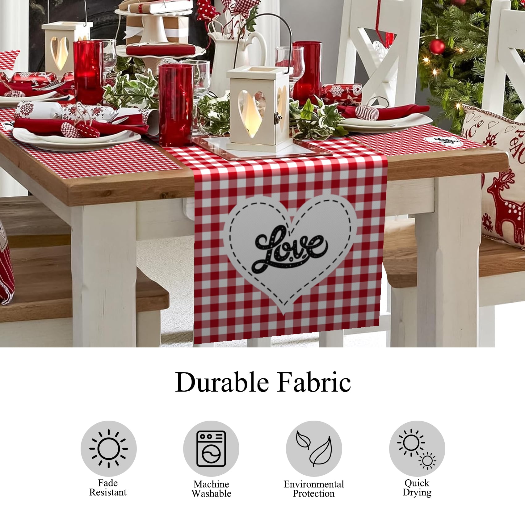 SUNOLIFE Valentine Placemat Set of 6 and Table Runner 72 In Bufflo Plaid Linen Place Mats for Dining Table Decor