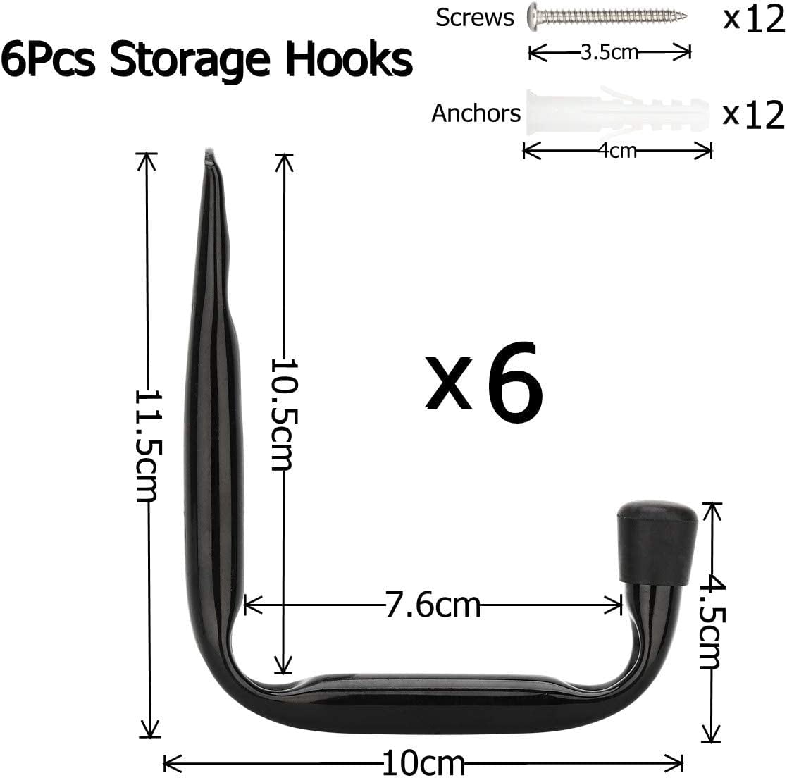 Heavy Duty J-Hooks for Garage Storage, 6-Pack Wall-Mounted Steel Clothes Racks (12cm x 10cm)