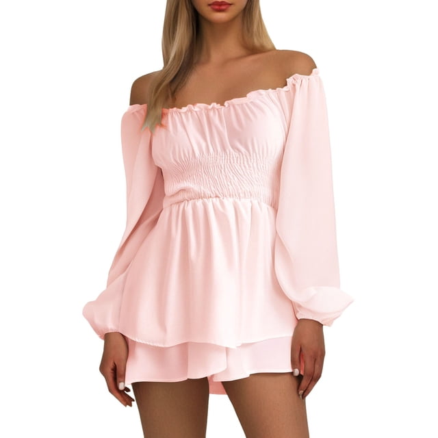 Combinaison pour Femme à Épaules Dénudées, Robe Mini Évasée à Volants Superposés avec Encolure Ras du Cou et Design de Culottes