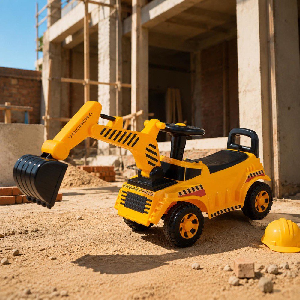 Toddler Ride-on Excavator Car, for 19 to 36 Months, Foot-to-Floor Walker with Helmet and Music, Yellow