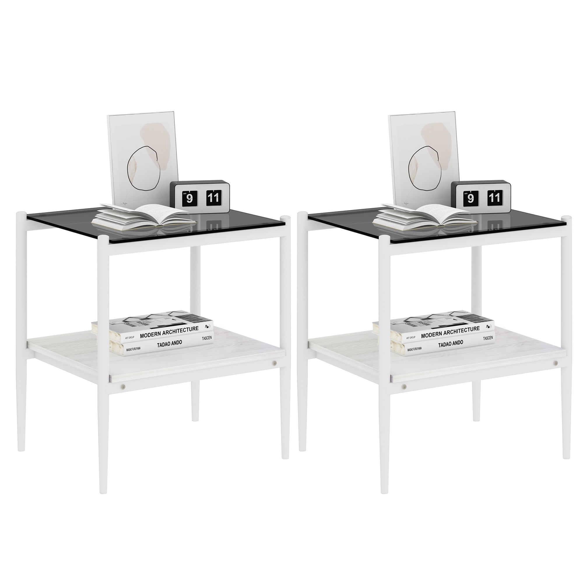 Set of 2 Modern Gray Glass Rectangle End Tables, Tempered Glass Top with MDF Storage Shelf & Iron Legs for Living Room Bedroom