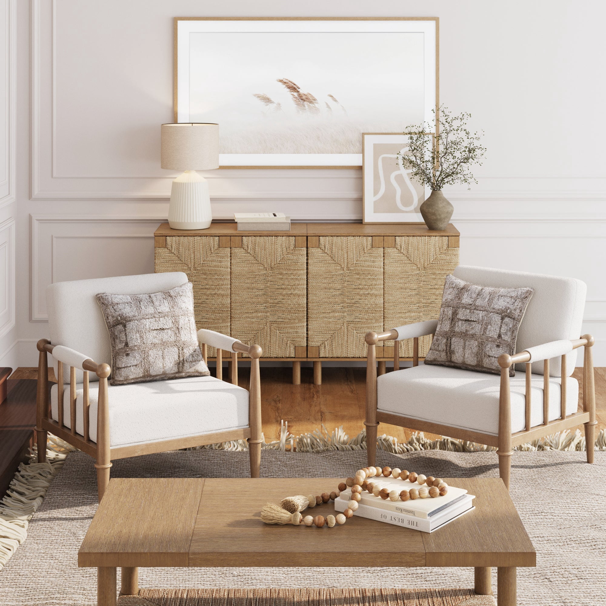 Nathan James Spencer Boucle Accent Chair, Bohemian Armchair with Solid Wood Frame and Upholstered Foam Cushion, Cream/Light Brown