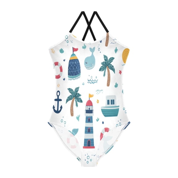 TTYFWHD Toddler Girls One Piece Swimsuit, Quick Dry Summer Beach Swimwear for Kids, 3T-10T Interesting Marine Symbols