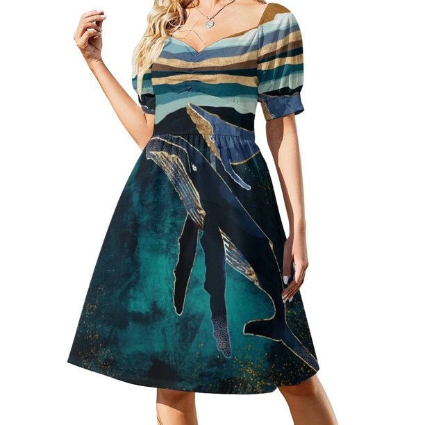 Vestido de manga corta con diseño de ballenas iluminadas por la luna, vestidos para fiesta de bodas, vestidos de baile, tendencia de ropa de mujer 2025.