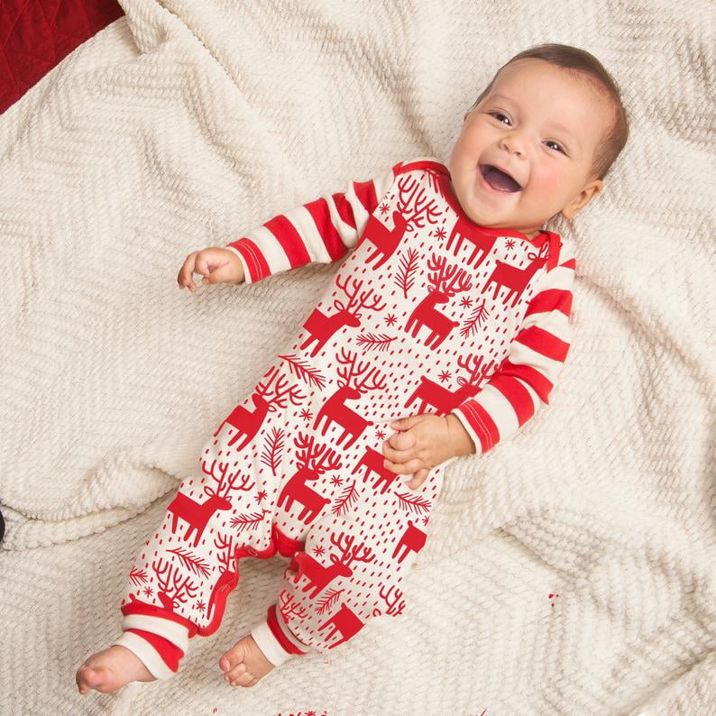 Christmas All Over Reindeer Print Red Baby Long-sleeve Jumpsuit