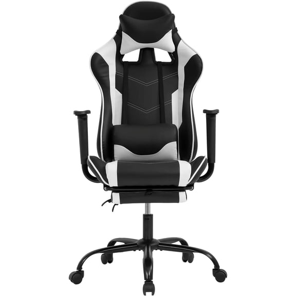 FDW Adult Solid Print High Back Faux Leather Racing Gaming Chair with Footrest and Lumbar Support, White
