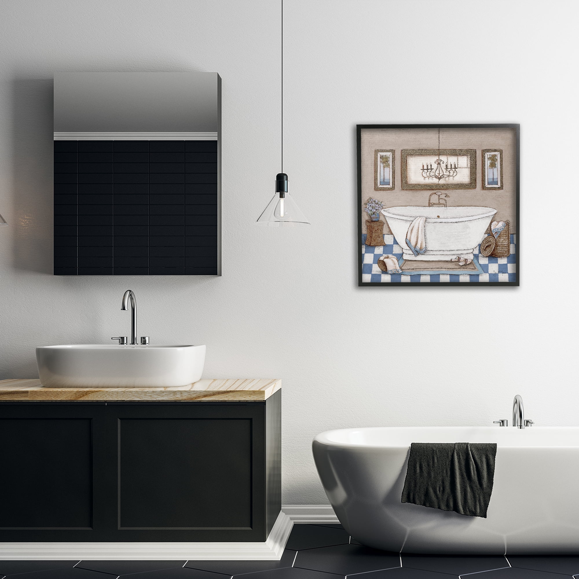 Stupell Industries Checkered Bathroom & Chandelier Black Framed Giclee Art, design by Janet Tava